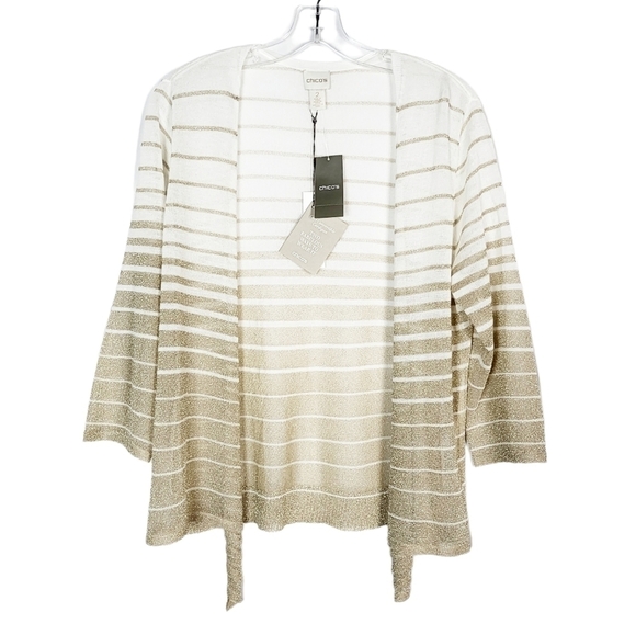 CHICO'S Cori Shimmer-Stripe Cardigan lightweight NTW gold cream - Picture 1 of 8